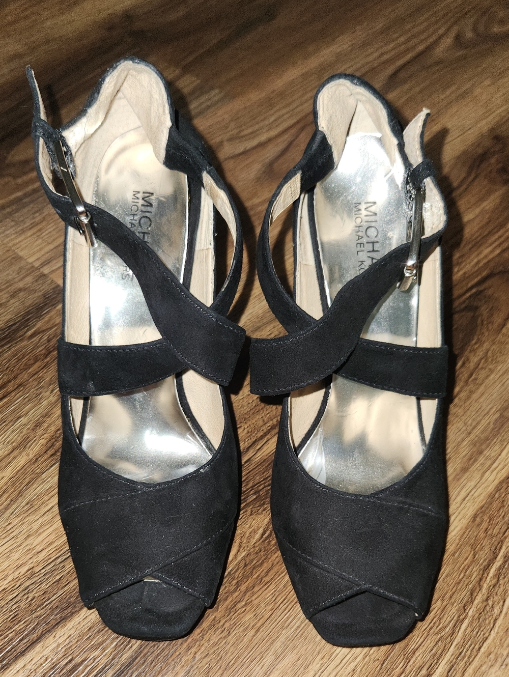 Michael Kors Black Suede Peep-Toe Strap Heels